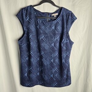 ROZ & ALI Cap Sleeve Zipper Back Blue Career Textured Geo Print Shirt Womens 1X